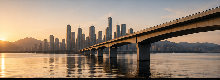 Bridge connecting a city skyline, representing global markets and long-term investment opportunities