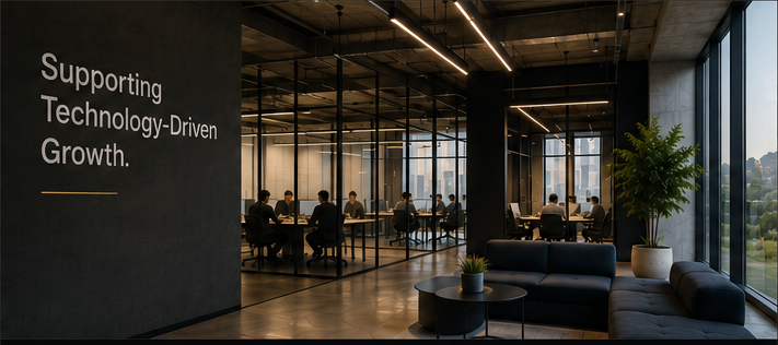 Modern startup workspace with the statement Supporting Technology-Driven Growth