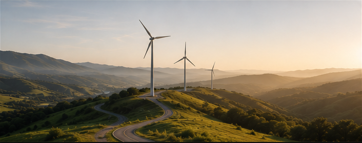 Wind turbines and landscape, representing sustainable infrastructure and long-term development